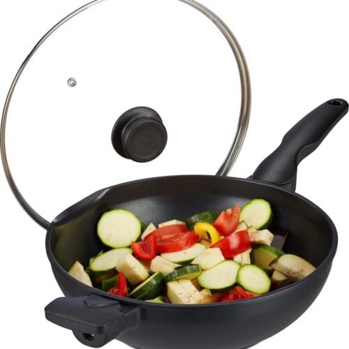 Relaxdays wokpan inductie - wok met deksel - wajan met grepen - aluminium wadjan - zwart
