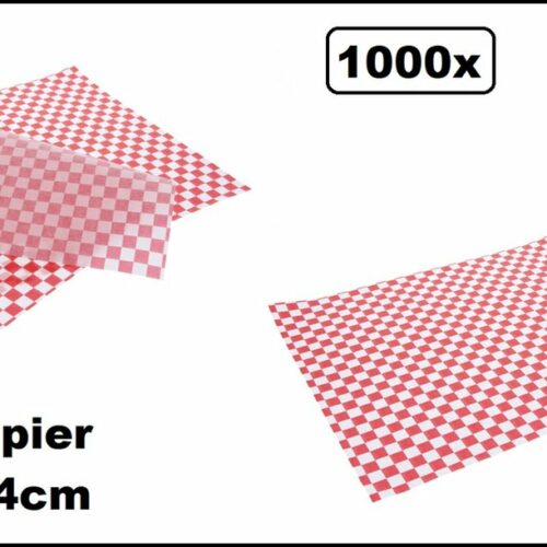 1000x Vetvrij papier / Hamburger vel ruit rood/wit 28cm x 34cm - Hamburger tosti zak hip broodje festival themaparty festival carnaval