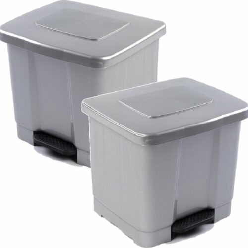 2x stuks dubbele afvalemmer/vuilnisemmer 35 liter met deksel en pedaal - Zilver- vuilnisbakken/prullenbakken - Kantoor/keuken