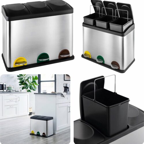 45 Liter Trio-Afvalemmer - Voor Efficiënt Afval Scheiden - Prullenbak - Afvalbak - RVS - 45 liter - Pedaalemmer - Metaal - Recycle Afvalemmer - Kantoor Prullenbak - Vuilnisbak Afvalscheiding - 3 Vakken