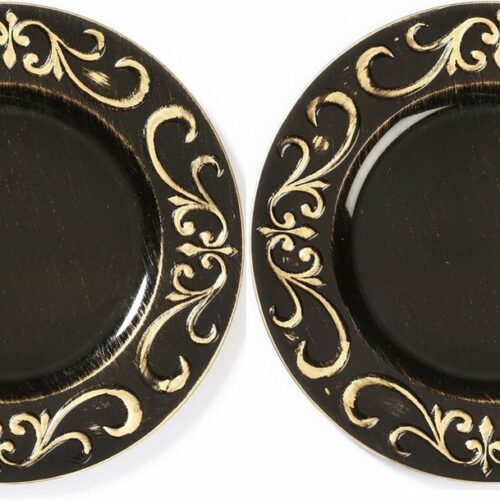 6x Ronde diner/kerstdiner borden/onderborden zwart met goud 33 cm - onderbord/onderzet bord