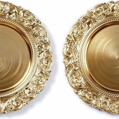 8x Diner borden/onderborden goud met decoratieve rand 33 cm rond - onderbord / kaarsenbord / onderzet bord