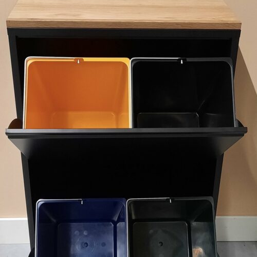 Afvalbak - vuilnisbak - afvalemmer - afvalscheiding met 4 binnenemmers van 16 liter en eiken paneel - zwart