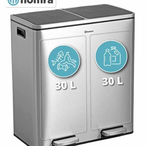 Afvalscheidingsprullenbak 2 vakken - 60 L (2x30 Liter) pedaalemmer Homra QUICKX - Design Duo Afvalemmer RVS - Afval Scheiden - Recycle Afvalbak - Hygiënisch Pedaal - Dubbele Vuilnisbak - Keuken Vuilbak - Kantoor Prullenbak