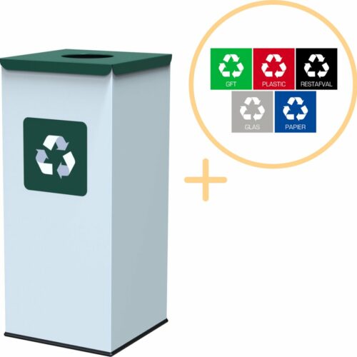 Alda Eco Square Nord White Bin, Prullenbak - 60L - Wit/Groen - Afvalscheiding Prullenbakken - Gemakkelijk Afval Scheiden - Recyclen - Afvalemmer - Vuilnisbak voor huishouden en kantoor - Afvalbakken - Inclusief 5-delige Stickerset