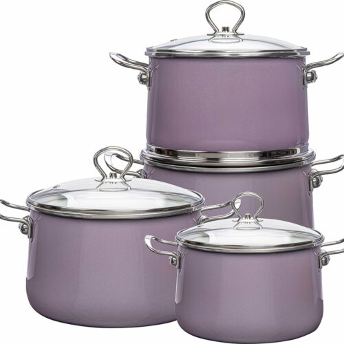 Altom Design Izydor 8 Delige Emaille Pannenset Retro Paars - Limited Edition Kookset - Geëmailleerde Kookpannenset - Exclusief Design Emaille Pannenset