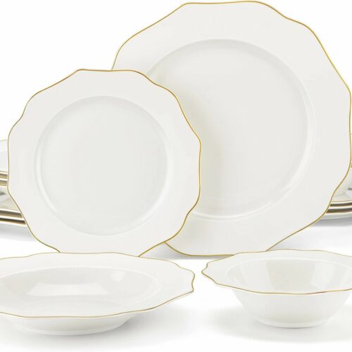 Amalee - Service set - Wit met goud randje - Porselein Servies - Kom - diepe bord - Dinner en dessert bord - 4 personen - Elegante set