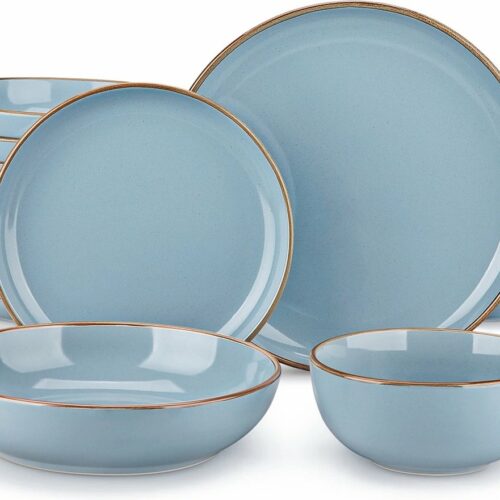 Amalee - Servies set - 16 delig - Licht blauw - Keramisch Glazuur Servies - 4 personen - 4 Dinerbord, 4 Desert bord - 4 diepe borden - 4 kommen