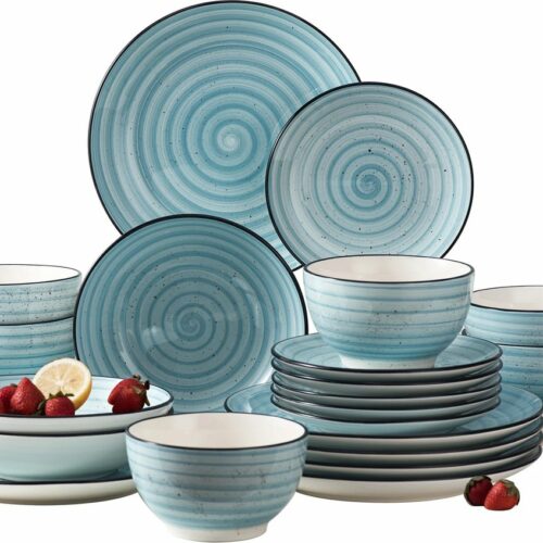 Amalee - Servies set 24 delig - Lichtblauw - Spiraal patroon - Handgeschilderd - Steen - Dinner bord - Desert bord - Diepe bord - Kom