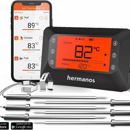 BBQ Thermometer Vleesthermometer - Digitaal - Oventhermometer - Bluetooth met app - 6 Meetsondes - Magneet - Incl. Batterijen - Hermanos®
