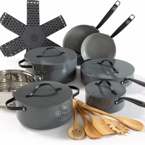 BE Living 6-delige Pannenset + Accessoires - PFAS vrije Keramische pannen inductie - Geschikt voor alle warmtebronnen - O.a. Koekenpan, Hapjespan & Braadpan - Grijs