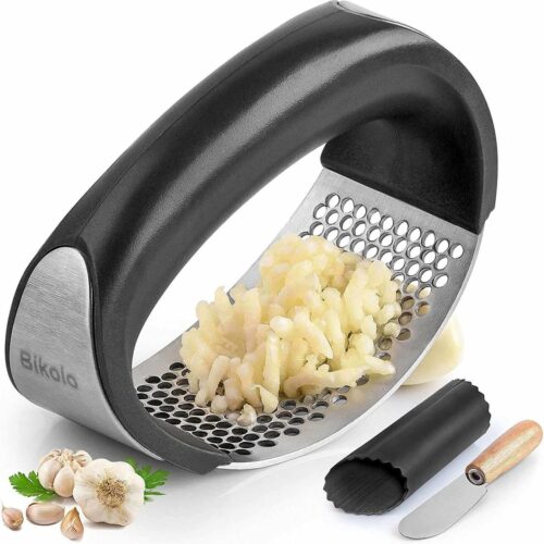 Bikolo - Knoflookpers - RVS - Rond Design - Zwart - Vaatwasserbestendig - Inclusief Borstel & Peller & Mesje