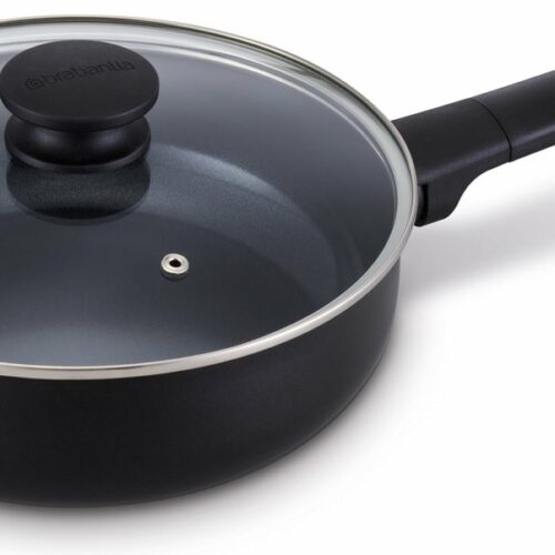 Brabantia VANTA Hapjespan met Glazen deksel - ⌀ 24 cm - Ergonomisch en licht - 100% PFAS vrij- 100% gerecycleerd -keramische anti-aanbaklaag - Geschikt voor alle warmtebronnen - Zwart