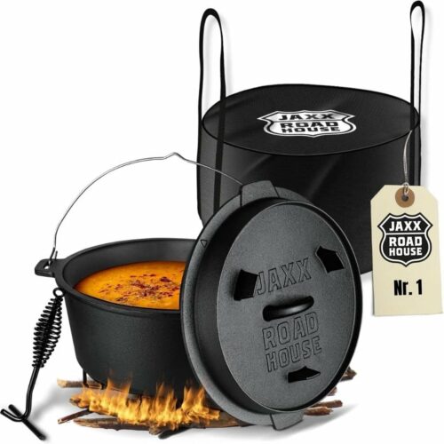 Dutch Oven Set met toebehoren, 9 liter, merk BBQ grillpan voor open vuur, gas/kookbarbecue, oven en alle verwarmde ovens, incl. inductie, met deksellifter, onderzetter, tas