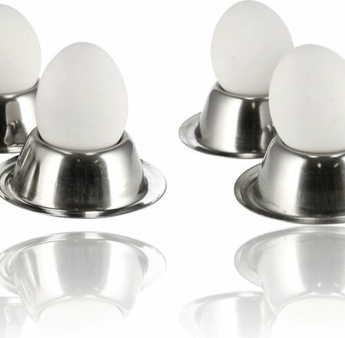 Eierdopjes RVS set van 8 - Stapelbare zilveren eierdopjes met voetjes - rond servies voor ontbijt en pasen - diameter 8,5cm, hoogte 3,5cm