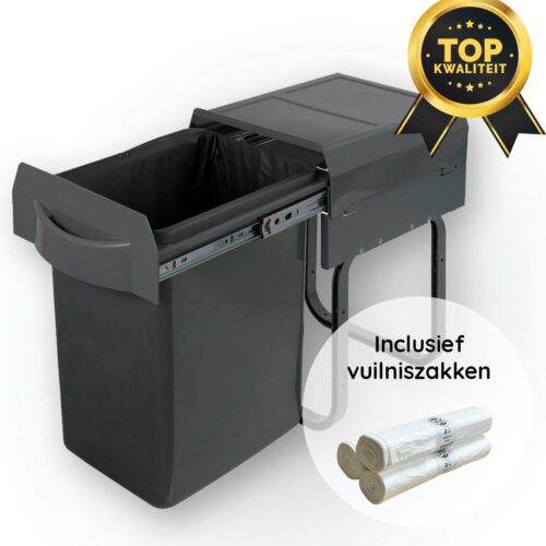 Eleganca Uittrekbare Afvalbak 20 Liter - Met vuilniszakken - Inbouw Prullenbak - Afvalemmer Afvalscheiding - Deurbreedte 27 cm, inbouwdiepte 38 cm & Kasthoogte 41 cm - Antraciet