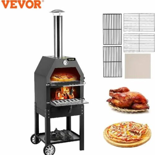 Fayb BBQ - Pizza oven - Barbecue - Oven - Houtskool oven - Tot 500° - Pizza's tot 32cm - Met wielen - 46x46x142cm - Zwart -