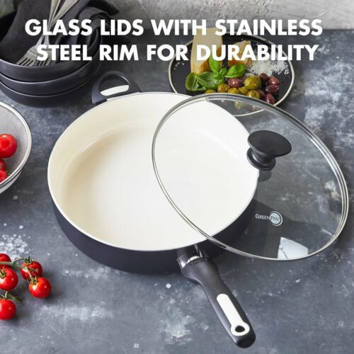 Gezonde Keramische Anti-aanbak 30cm/4,8 Liter Sauteerpan met Deksel, PFAS Vrij, Stay-Cool Handgreep, Ovenbestendig tot 160°C, Zwart & Crème