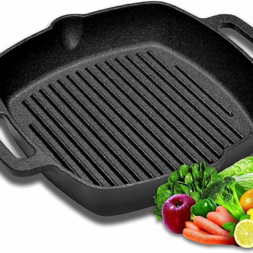 Gietijzeren grillpan 32 x 27,5 cm, gietijzeren pangrill, koekenpan met uitloop, vuurpan met 2 handgrepen, ingebrande steakpan voor gasgrill, ideaal voor camping en tuin