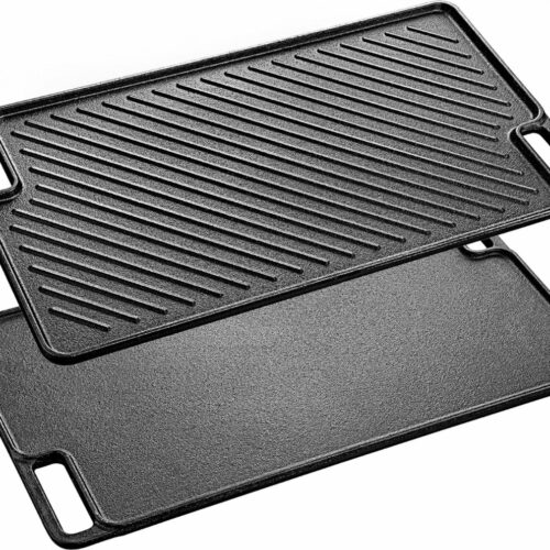Grillplaat, gietijzer, grillpan, dubbelzijdig bruikbaar, hoogwaardige gietijzeren braadplaat voor vlees en kleine grillstukken, voor gasgrill, kolengrill en elektrische grill, 45,5 x 26 cm
