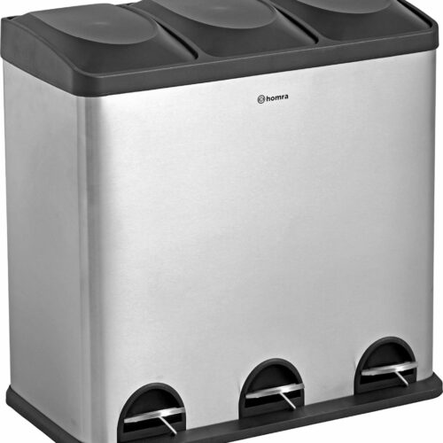 Homra Maxer Pedaalemmer 60 Liter - RVS Prullenbak 3 vakken - Trio Prullenbak 3 X 20 Liter - Prullenbak Afvalscheiding - Vuilnisbak voor huishouden en kantoor - Recycle Vuilbak keuken Afvalemmer Zilver - Afvalscheidingsprullenbakken