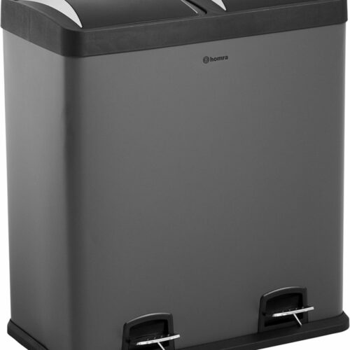 Homra NEVIQ Afvalscheiding Prullenbak met 2 vakken - 2 x 30 L inhoud - Duo pedaalemmer Grijs - 2-vaks Afvalemmer 60 Liter - Hoogwaardig RVS - Pedaal Vuilbak - Hygiënisch Afval scheiden - Grijze Duo Prullenbak - Dubbele Vuilnisbak