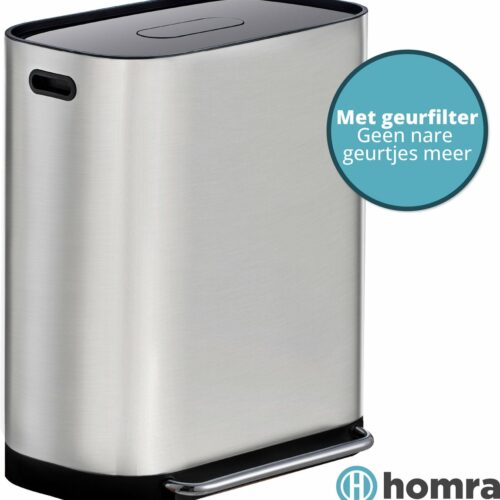 Homra Rockx Prullenbak Afvalscheiding 60 Liter - Duo Pedaalemmer 2X30L met Geurfilter - RVS Afvalscheidingsprullenbak 2 Vakken - Recycle Afvalbak - Vuilnisbak Keuken afval scheiden - Afvalemmer - Dubbele Prullenbakken Mat RVS