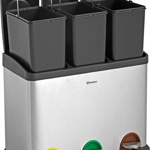 Homra Stephs Prullenbak Afvalscheiding 45 Liter - RVS Prullenbak 3 vakken - Trio Prullenbak 3 X 15 Liter - Pedaalemmer - Vuilnisbak voor huishouden en kantoor - Recycle Vuilbak keuken Afvalemmer - Afvalscheidingsprullenbakken