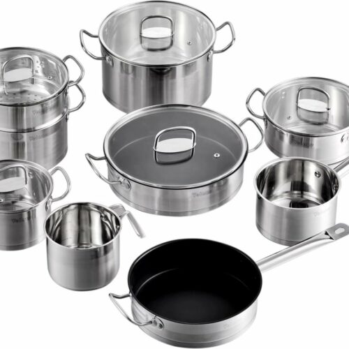 J&R Pannenset - Pannenset inductie - 14-delig pannenset - RVS pannenset - Steelpan - Braadpan - Pan met glazen deksel - RVS