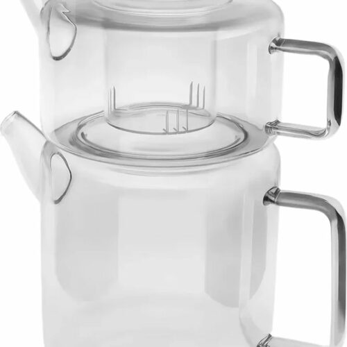 Karaca Flat Borosilicaat Glazen Theepot Set - 1,1L Boven - 1,8L Onderpot - Modern en Hittebestendig Ontwerp