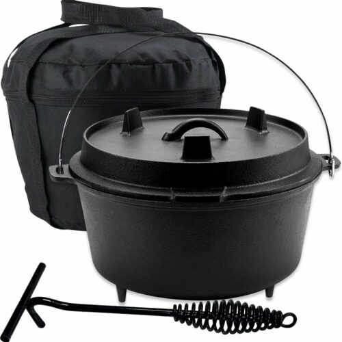 KitchenMonster® Dutch Oven Kookpan - Gietijzeren Pan ⌀29 - Gietijzeren Pan met Deksel 9 Liter Grillpan - Braadpan Gietijzer Zwart