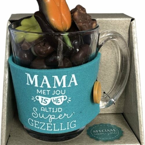 Moederdag - Theeglas - Mama met jou is het altijd gezellig - Chocolade mix - Cadeauverpakking