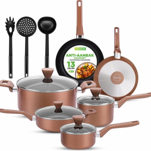 NutriChef Pannenset-Pannenset - 13-delige Antiaanbak Kookpannenset-Hittebestendige Keukenset met Steelpan- Koekenpannen- Kookpotten- Casserole- Deksels en Keukengerei- Bruin