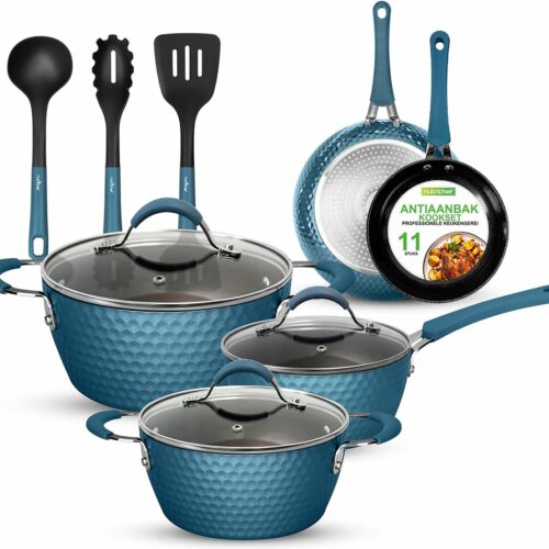 NutriChef, Pannenset inductie -11-delige Kookpannenset-Antiaanbak Kookgerei met Keramische Coating- Ergonomische Handgrepen- Inclusief Steelpan-Braadpan-Grote & Kleine Koekenpannen-Blauw