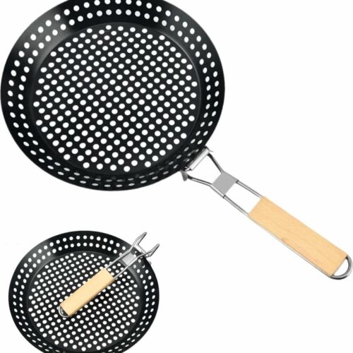 Opvouwbare Grillpan met Gaten 12" Antiaanbakgrillpan met Houten Handvat Camping Kookgerei Kabob Grillpan voor Buitengrill