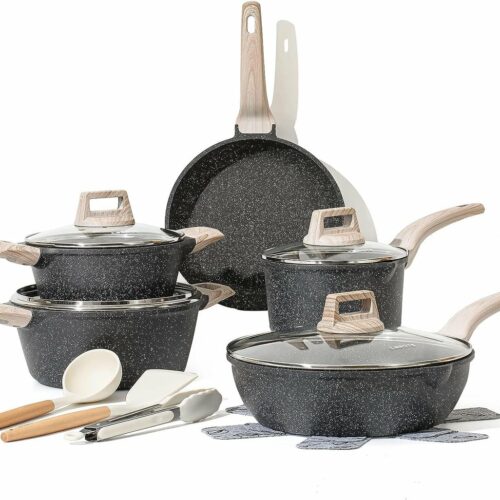 Pannenset, 14-delig, pan 24 cm, steelpan, pan, diepe braadpan 28 cm, antiaanbaklaag met deksel, pannenbeschermer, kooklepel, keukentang, inductiepan