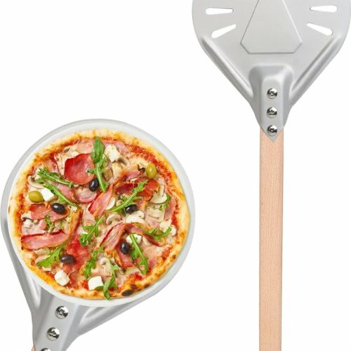 Pizzaschep voor het draaien van kleine pizzaschep, kort, rond, pizzagereedschap, antislip handgreep, 17 cm, geperforeerde pizzaschep van aluminium