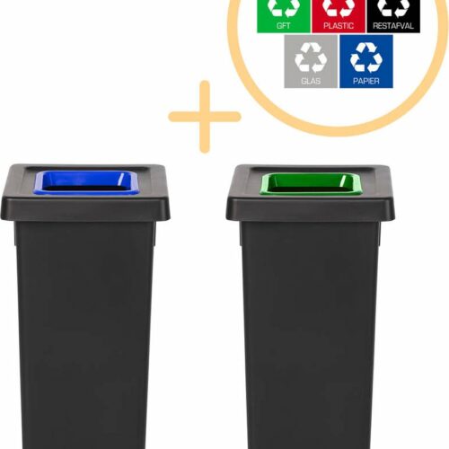 Plafor Fit Bin Prullenbak voor afvalscheiding - 53L - Set van 2, Blauw/Groen- Inclusief 5-delige Stickerset - Afvalbak voor gemakkelijk Afval Scheiden en Recycling - Afvalemmer - Vuilnisbak voor Huishouden, Keuken en Kantoor - Afvalbakken