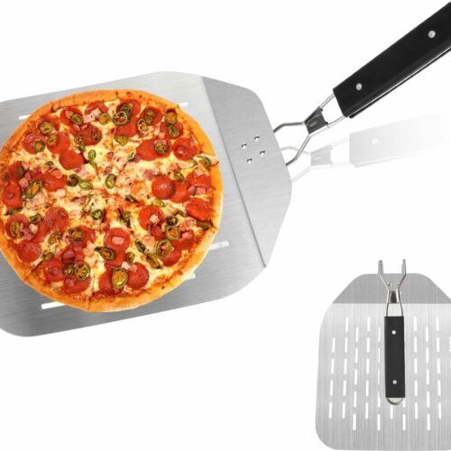 Premium pizzaschep voor pizzasteen Pizzaschep Geperforeerde pizzaschep van roestvrij staal met praktische inklapbare handgreep Pizzaschep Oprolbare pizzaschep Pizzaschuif Pizzaschep 60 x 30 cm