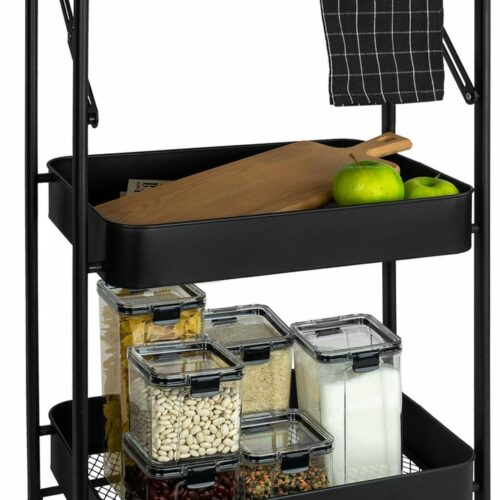 QUVIO Keukentrolley opvouwbaar - Keukentrolley op wieltjes - Kast op wieltjes - Opbergrek - Bakkerskast - Rolkast - Stellingkast - Serveerwagen - Badkamertrolley - 3 lagen - Metaal - 30 x 45 x 77 cm (lxbxh) - Zwart