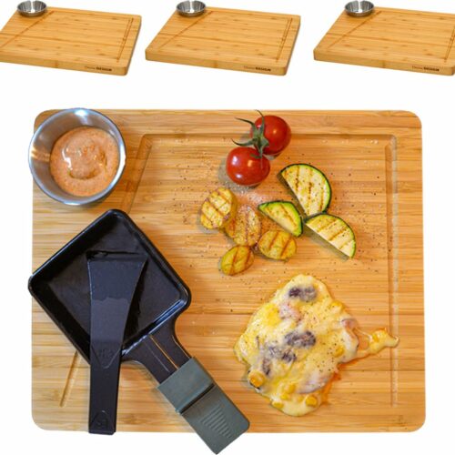Raclette Bordenset voor 4 Personen - 30 x 25 cm Racletteplankjes van Hout met Dipschaal - Bamboe ...