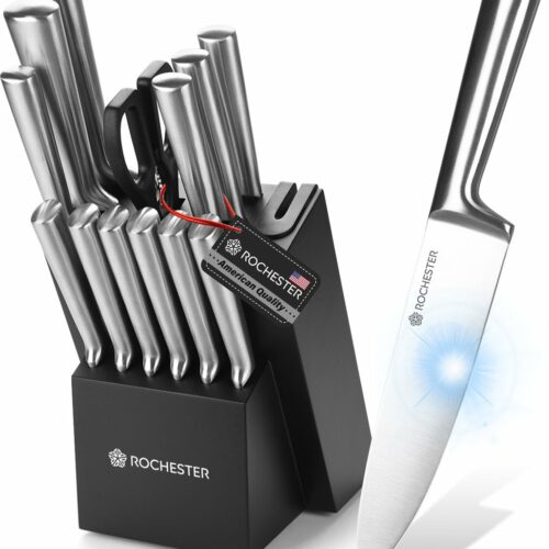 Rochester 14-delige Messenset met Blok en Messenslijper - Keukenmessen met zwart Messenblok - inclusief Keukenschaar - Krasbestendige Coating - RVS - Zilverkleurig/Zwart