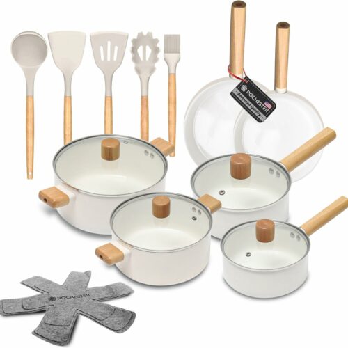 Rochester 18-delige Pannenset met Deksels - Set met PFAS-vrije Kookpotten, Koekenpannen & Steelpannen - Koekenpannenset - Kookpottenset - Inductie - Aluminium - Beige