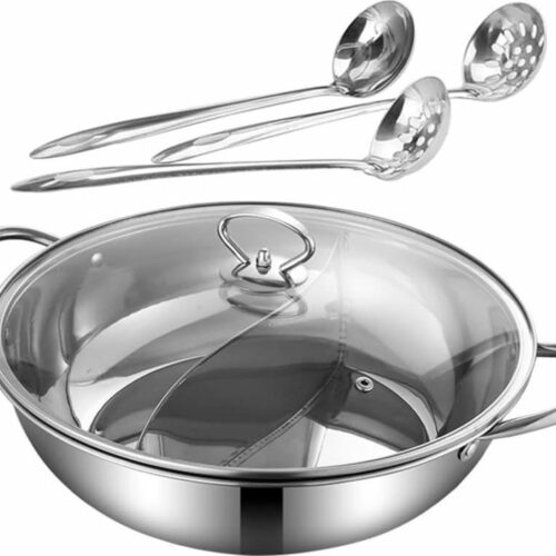 Roestvrijstalen Hot Pot Pan met Yin Yang Verdeler en Zeeflepel - Chinese Vuurpan voor Inductiekookplaat - Perfect voor Hotpot en Fondue - Zilver