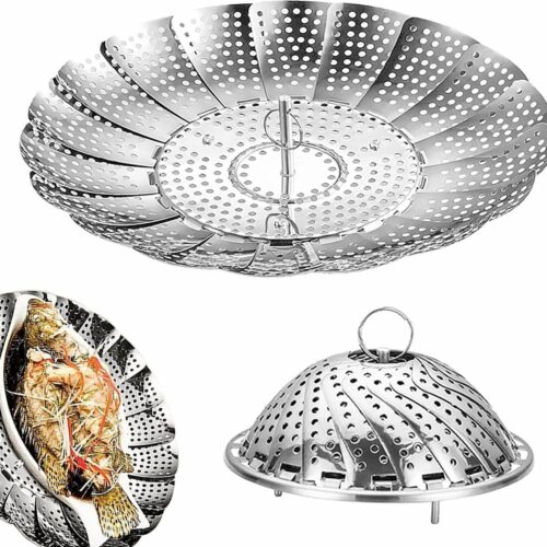 Roestvrijstalen stomer van levensmiddelenkwaliteit, opvouwbaar, krimpbaar, geschikt voor verschillende potmaten, stoompan voor alle soorten groenten, zeevruchten, broodkoken