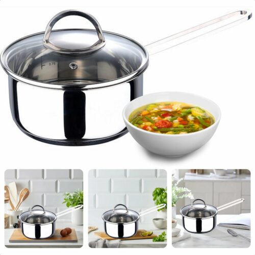 Sauspan met Deksel - Kookpan - Steelpan - 16cm - 1.35L - RVS & Aluminium - Gas, Keramisch, Elektrisch & Inductie - Vaatwasserbestendig - Inclusief Glazen Deksel met Stoomgat - Met Maataanduiding - Inclusief EBOOK