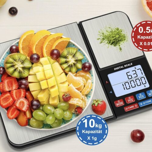 Stellar Keukenweegschaal - Keukenweegschaal met 2 Platforms - 0kg/1g & 500g/0.01g - Digitale Keukenweegschaal - Weegschaal keuken - met 7 Eenheden, Tarra, PCS, Auto-Off, voor Keuken, Juwelen, Bakken, Koken, Batterijen Inbegrepen