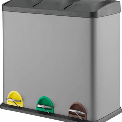 TC3X15 Pedaalemmer, 45 liter, grijs, 3 x 15 liter, drievoudige afvalemmer, 3-delige afvalemmer, afvalscheiding, keukenemmer