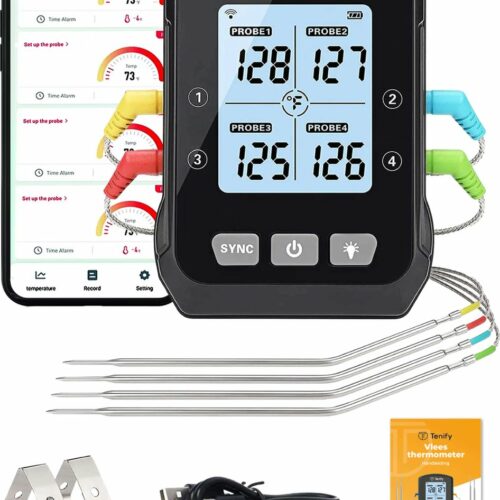 Tenify Vleesthermometer - Draadloos met Mobiele App - 4 meetsondes - BBQ Thermometer