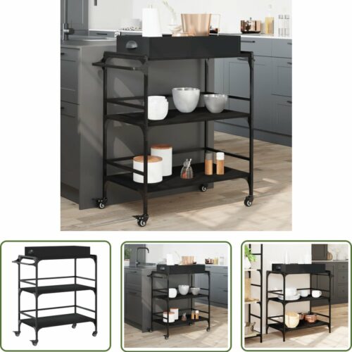 The Living Store Keukentrolley 81,5x41x92,5 cm bewerkt hout zwart - Keukentrolley